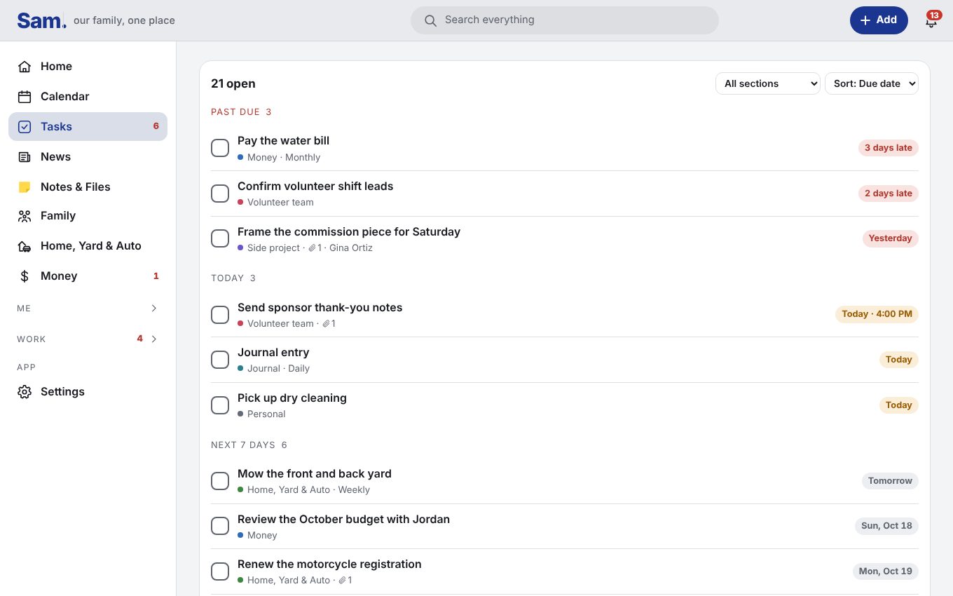 Every open task, sorted by when it’s due.