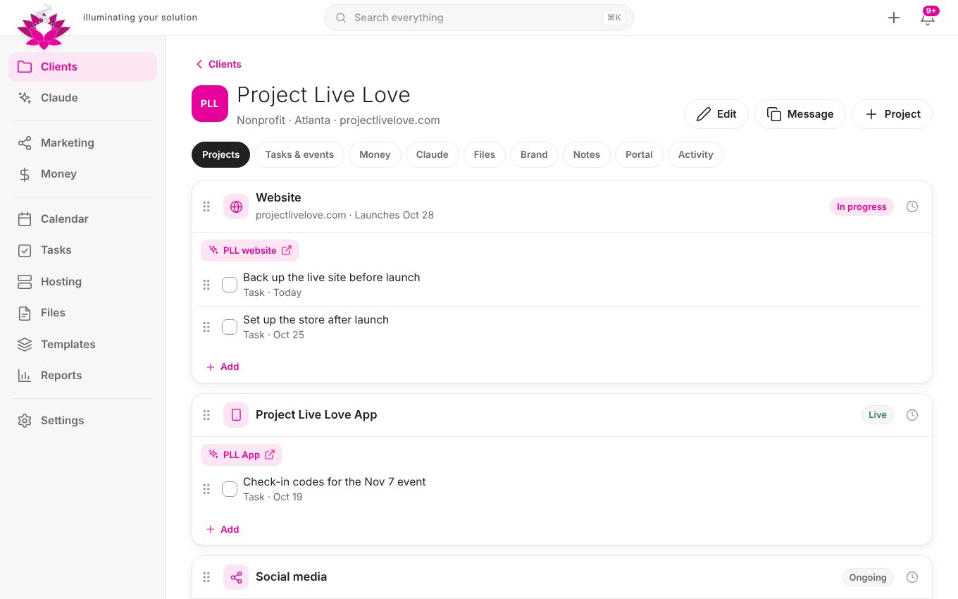A client’s page with projects, tasks and links.