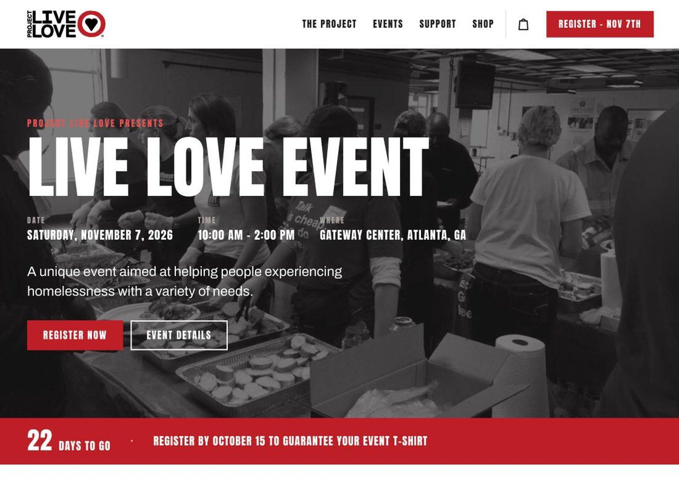 The home page, featuring the next LIVE LOVE Event.